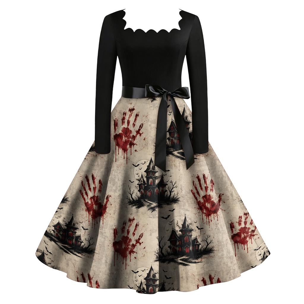 Vintage Long Sleeve Square Neck Halloween Party Dress with Printed Skirt and Waist Tie Retro Style Midi Dress for Women