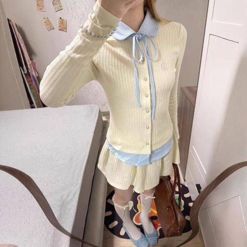 

Korean Style Sweet Long Sleeve Cardigan & High Waist A-Line Skirt Two-Piece Set for Women - Early Autumn Outfit Large