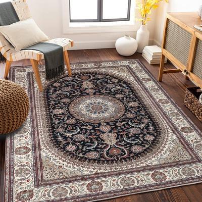 Large Persian Inspired Navy Blue Area Rug  Elaborate Floral Motifs Living Room Bedroom Decor Carpet Home Decoration Mat