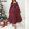 Elegant Retro Women Square Collar Puff Long Sleeve Belt Plaid Print Vintage Mid Dress