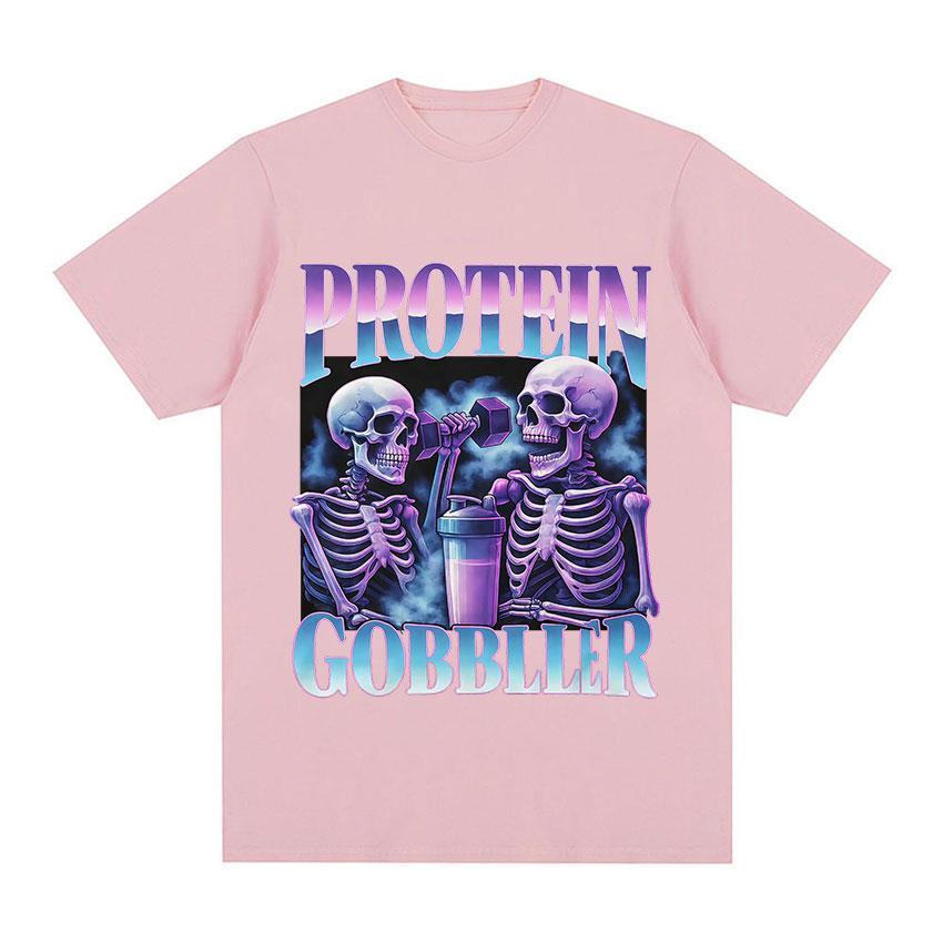 Protein Gobbler Gym TShirt Funny Skeleton Fitness Weightlifting Meme Graphic TShirt Unisex Women Fashion High Quality Cotton Tees