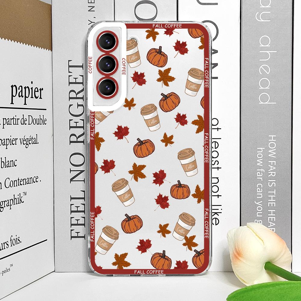 

Fall Maple Leaf Pumpkin Coffee Transparent Phone Case for Samsung Galaxy S25 S24 S23 Ultra S22 S21 S20 Plus S24 FE 5G Soft Cover Galaxy S23+