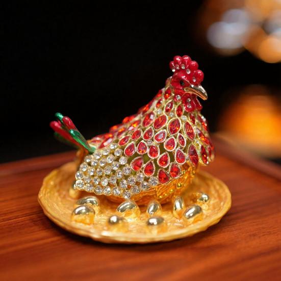 Rhinestone Chick Figurine Metal Simulated Hen Key Trinkets Jewelry Box Container Holder Home Office Desktop Decoration Ornament