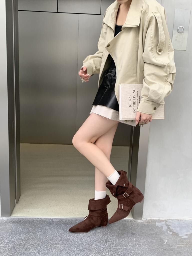 Retro Suede Belt Buckle Short Boots Women's Autumn and Winter Thin Temperament Versatile Western Boots Black Fashion