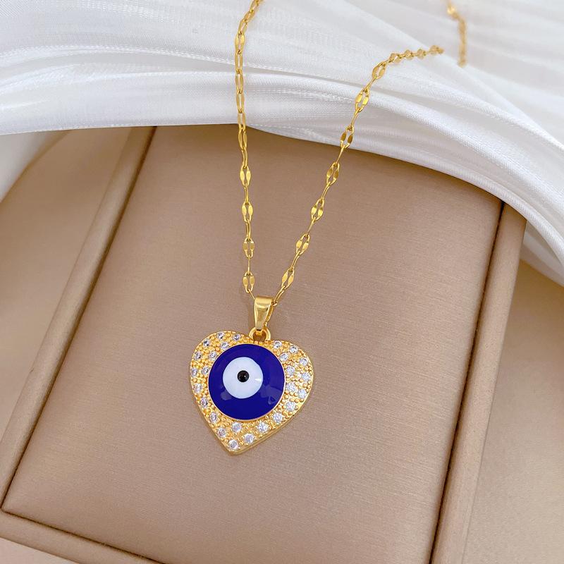 Heart Evil Blue Eye Necklace for Women Turkish Gold Color Pendant With Crystal Woman's Collars 45cm Long Stainless Steel Chains