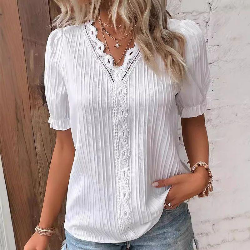 

2024 Vacation Fashion Hollow out Short Sleeved WOMEN S Shirt Apricot color 5XL