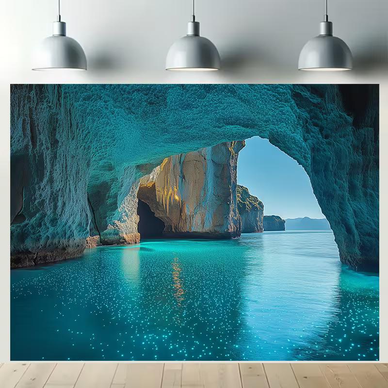 2D Glowing Ocean Cave Tapestry, Turquoise Water Rock Arch Background Cloth for Bedroom