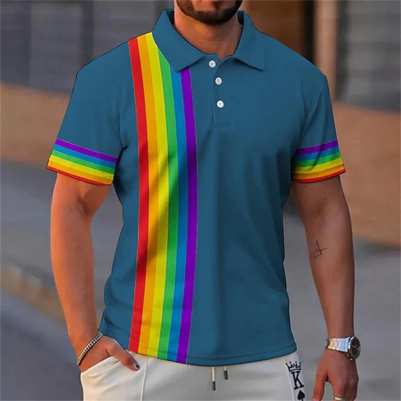 Casual Short-sleeve Polo with Rainbow Stripe Details, Trendy Men's Top.