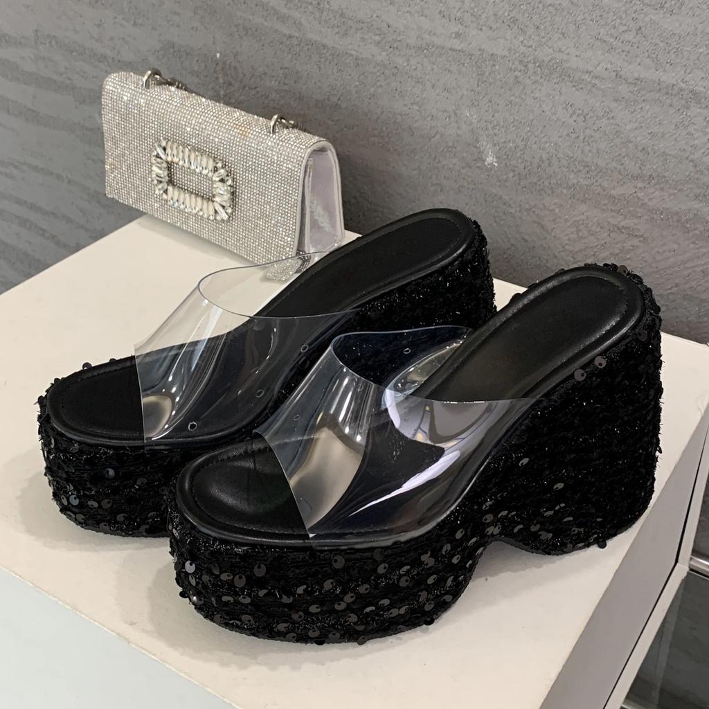 Eilyken PVC Transparen Open Toe Platform Wedges High Heels Women's Slipper Designer Bling Sequin Cloth Banquet Shoes