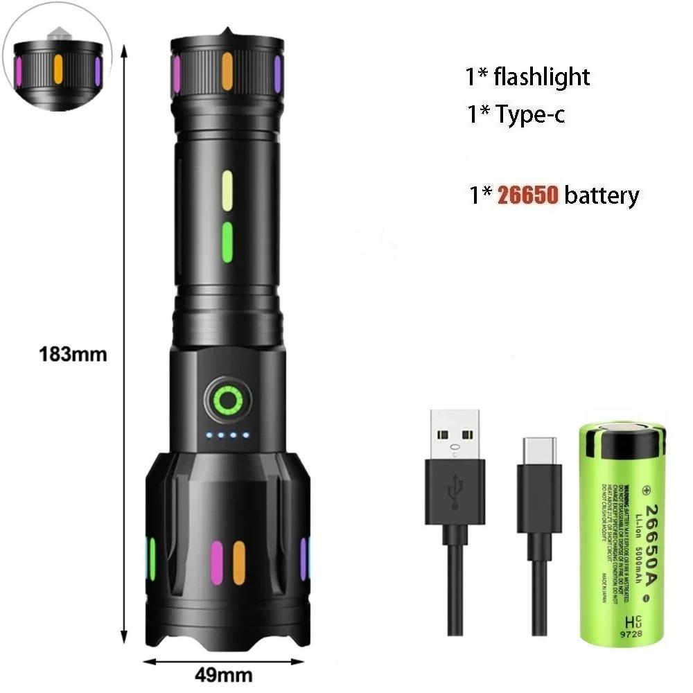 White Laser LED Flashlight Type-C Rechargeable 26650 Battery Waterproof Torch Camping Lantern Hand Lamp Outdoor