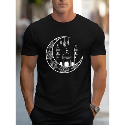 Herren-T-Shirt mit islamischem Monatsmuster - Kurzarm-Rundhals-Shirt für die Ramadan-Iftar-Feier - Leicht zu waschende muslimische Kleidung, Alltagskleidung