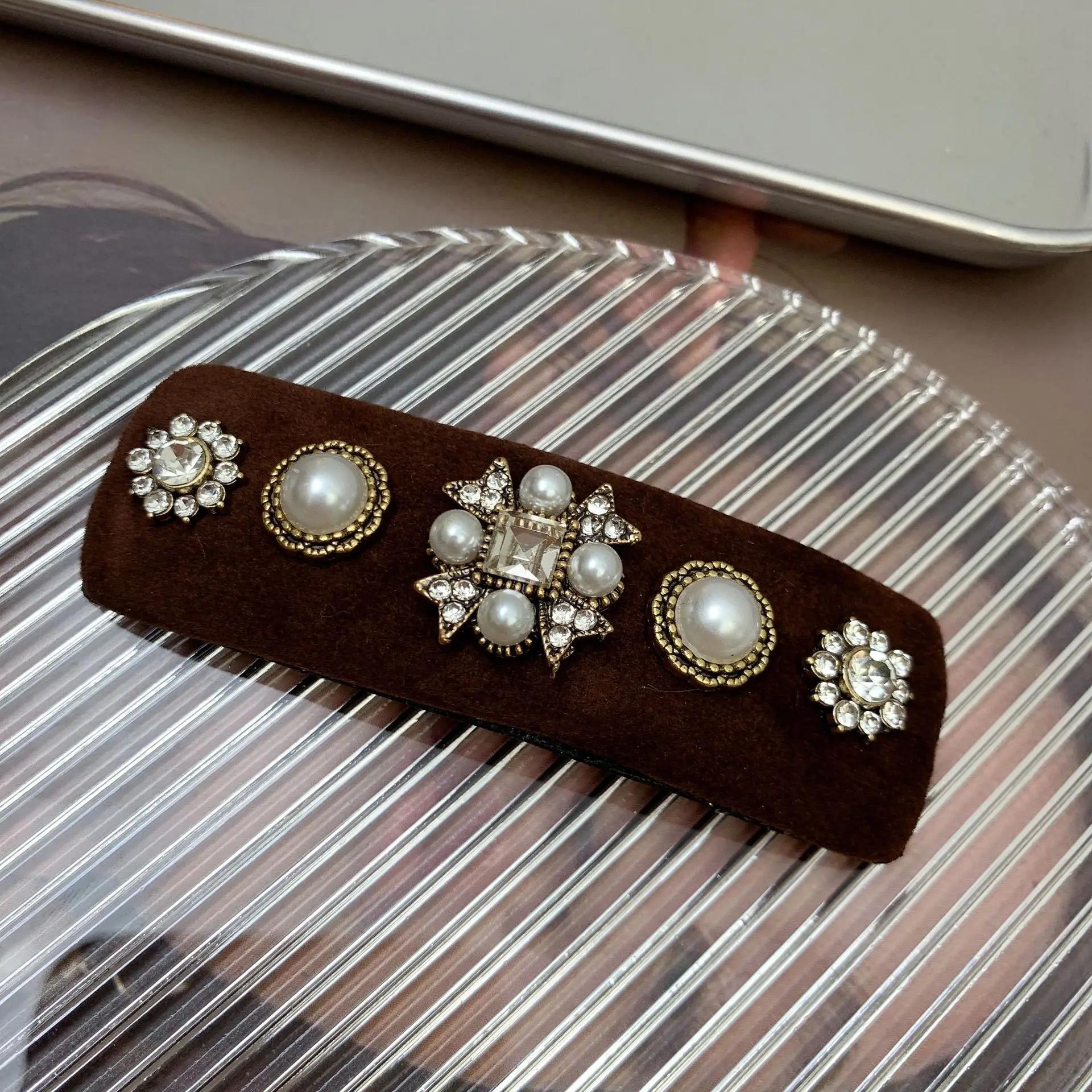 

Корейские аксессуары для волос Тяжелая промышленность Барокко Ретро Стразы Краевой зажим Бархатная челка BB Элегантный женский головной убор