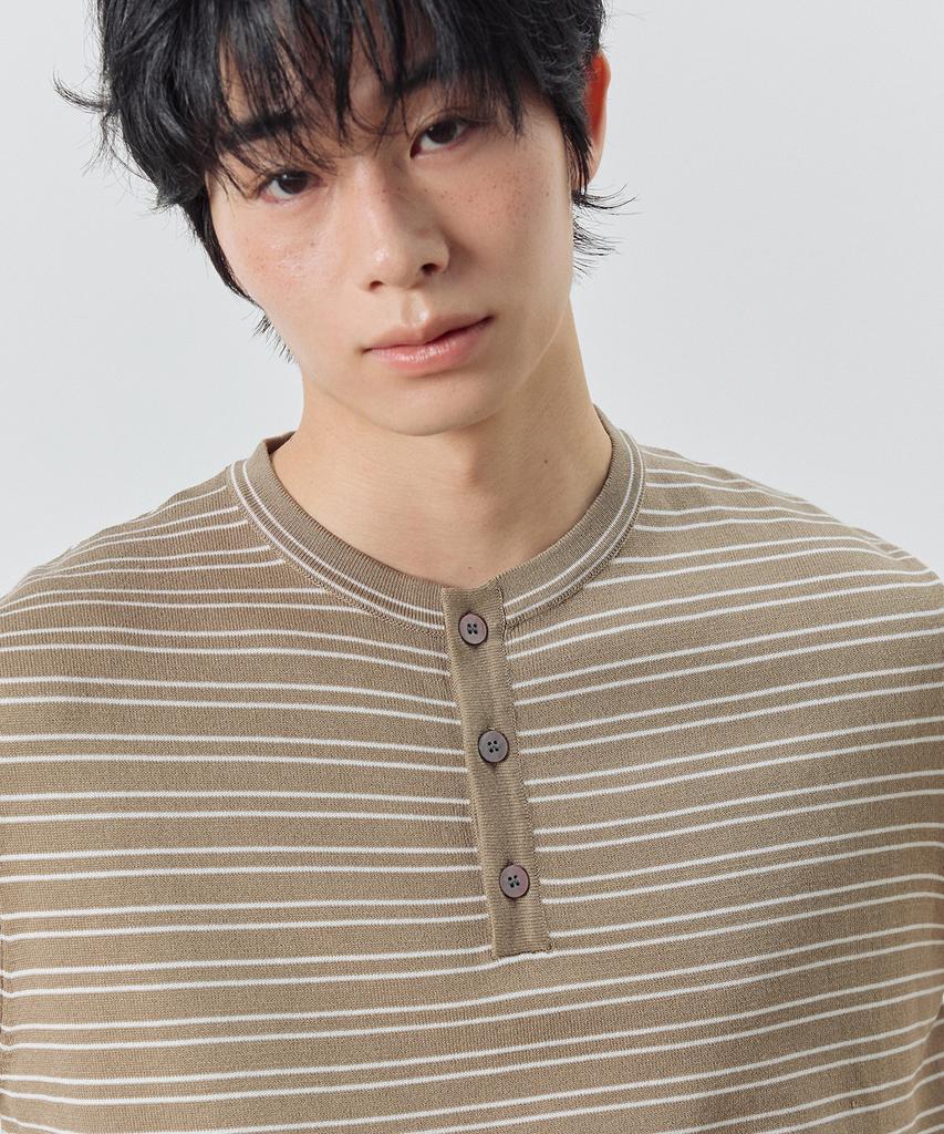 Dibsenseu Striped Henley Neck Short Sleeve Knit