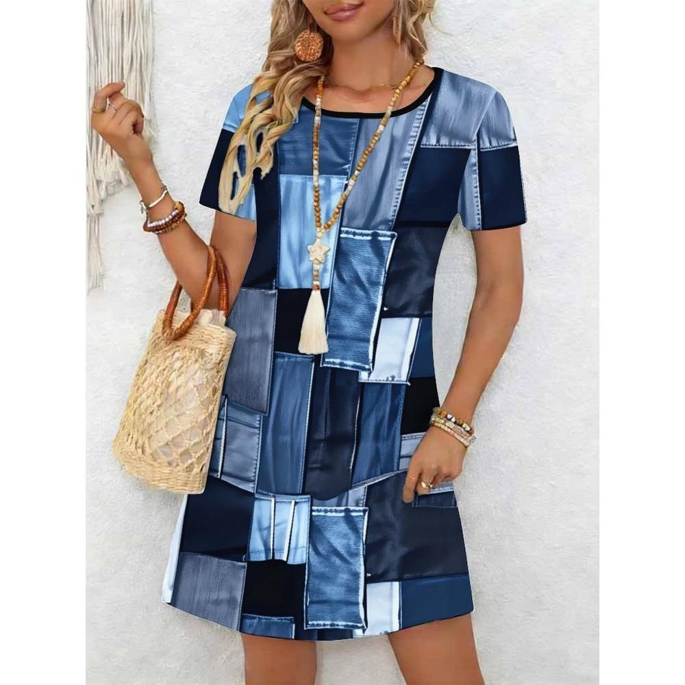 3D Plaid Patchwork Vintage Dress Retro Checkered Print Dress Women's Fashion Dress Vestidos