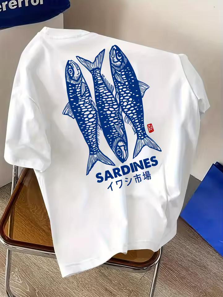 Japanese Sardines Market Graphic T-Shirt Vintage Harajuku Style White Short Sleeve Tee Casual Loose Fit Summer Streetwear Top