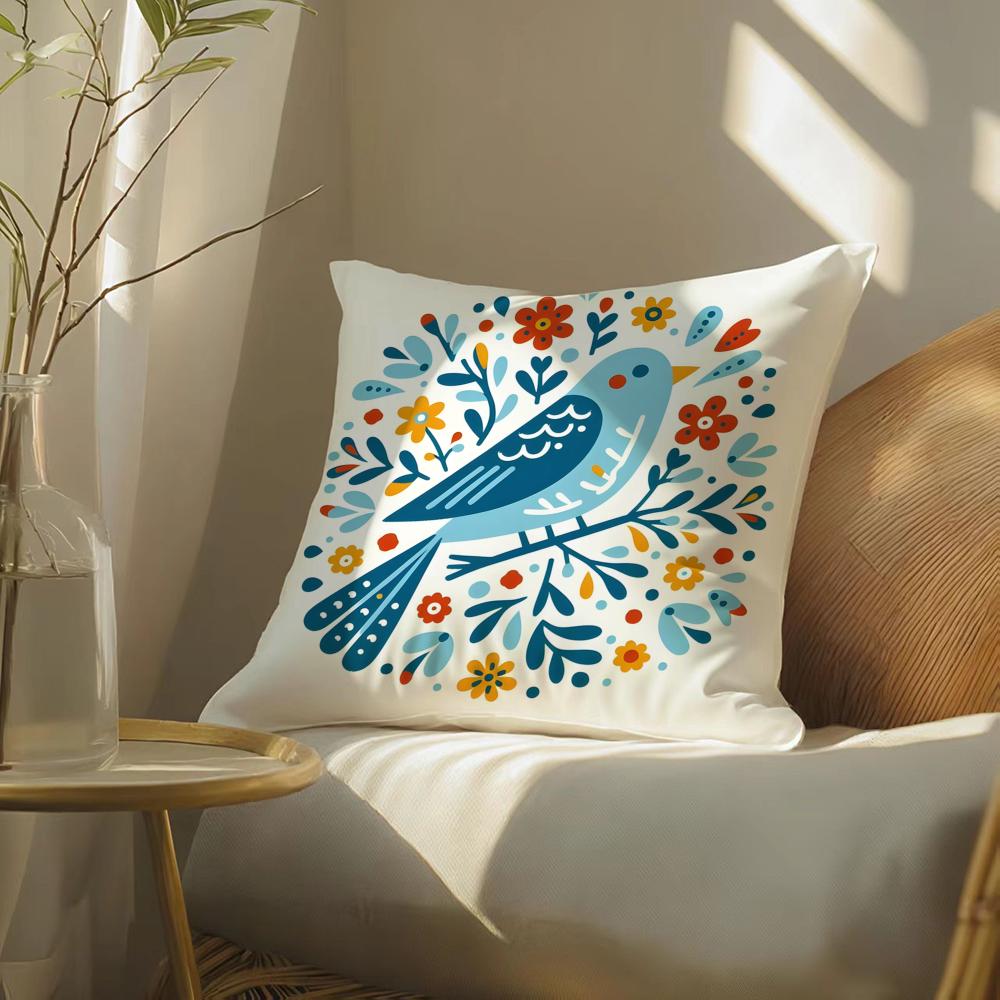 Butterfly, Bird And Flower Print Pillow Case Double-Sided Plush Sofa Cushion Covers Organic Breathable Invisible Zipper