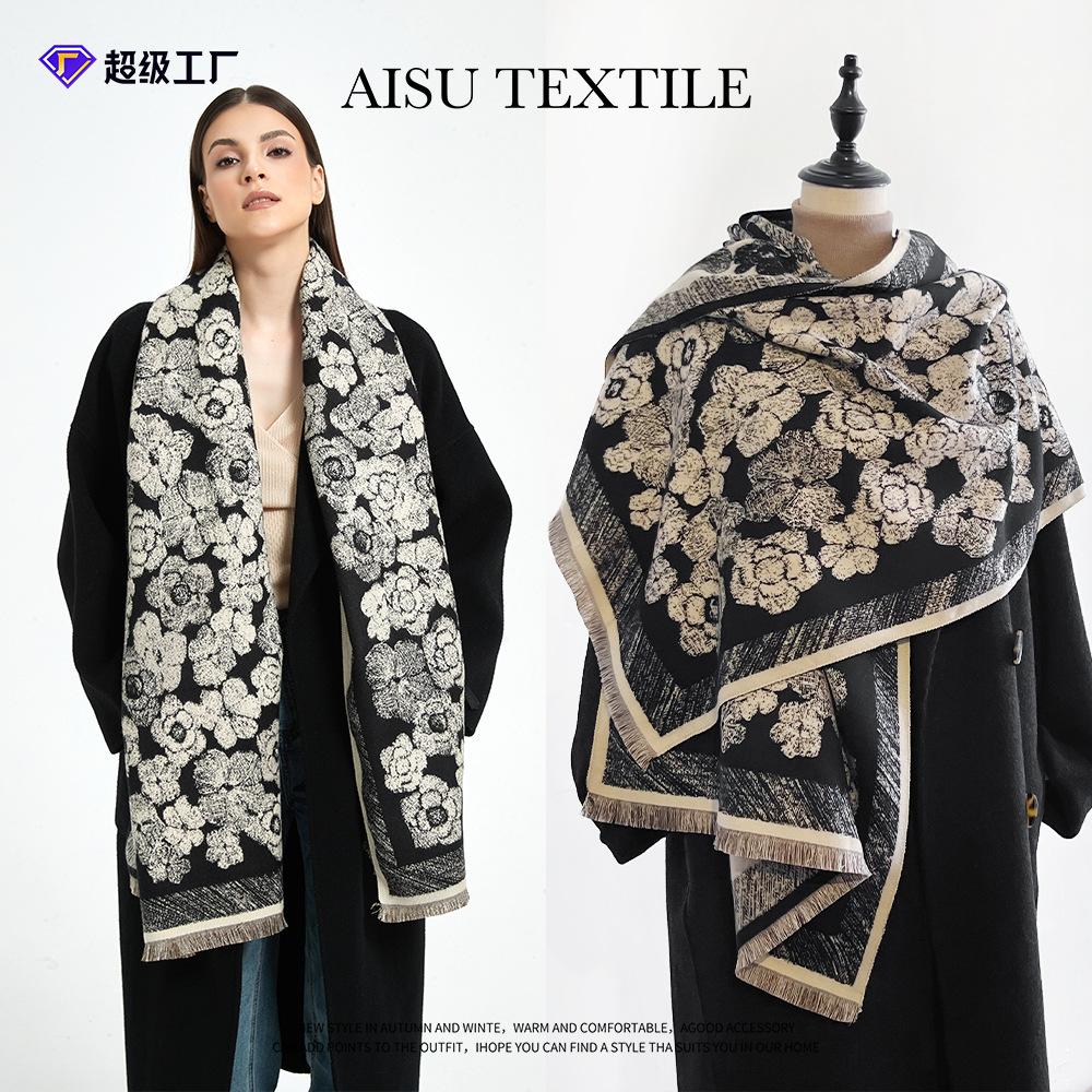 Middle East new camellia jacquard imitation cashmere scarf women's short tassel high-end black shawl