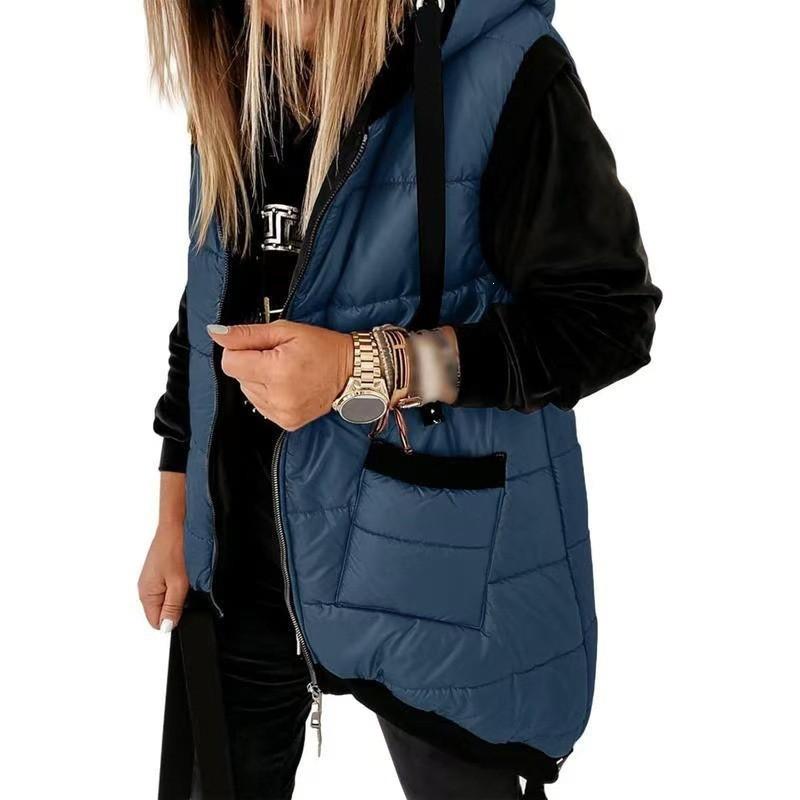 Womens Oversized Hooded Puffer Vest With Dual Front Pockets Winter Warm Cotton Blend Sleeveless Coat