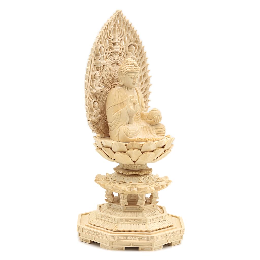 Special Buddhist Statue Yakushi Nyorai Seated Statue Inches Height 22 Width 10 Depth 10 Carved Cypress Wood Flying Celestial Halo Octagonal Base 6791