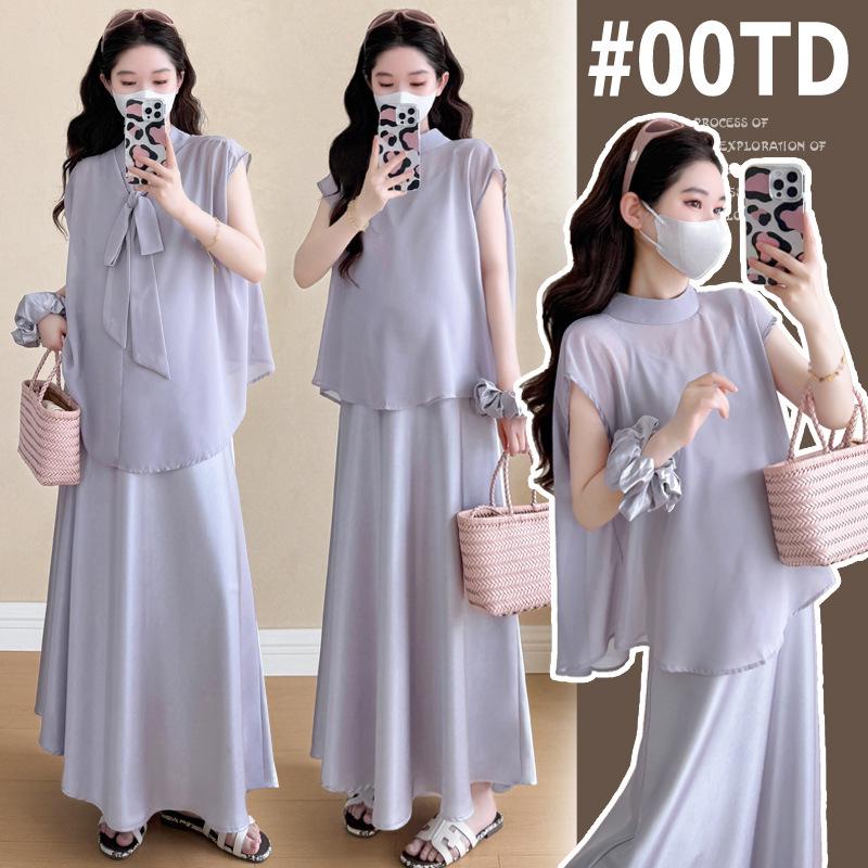 New Internet Celebrity Maternity Plus-Size Two-Piece Set: Acetate Camisole Dress & Chiffon Top M