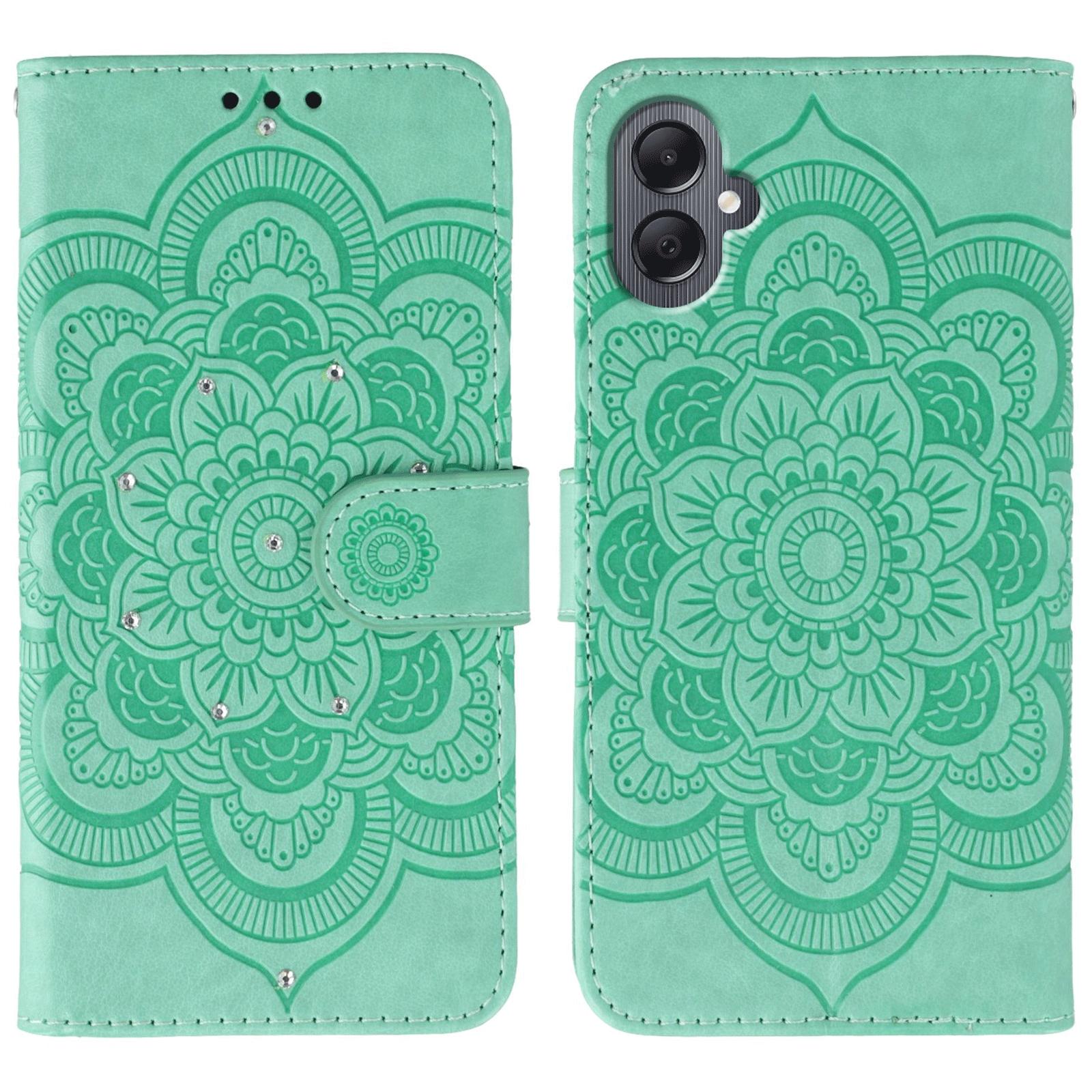 

For Samsung Galaxy A06 4G/A07 Case Rhinestone Decor PU Leather Mandala Imprinted Design Phone Cover with Wrist Strap Green