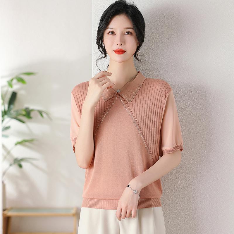 

Mom s Summer Ice Silk Knit Cardigan: Short-sleeved, Chic Lapel, Solid Color, Stylish T-shirt for Middle-aged Women. M рожевий