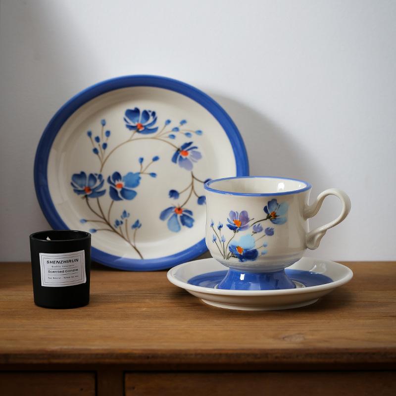 Swedish antique hand-painted blue poppy ceramic coffee cup and saucer set, heavy industry handmade afternoon flower tea water cup