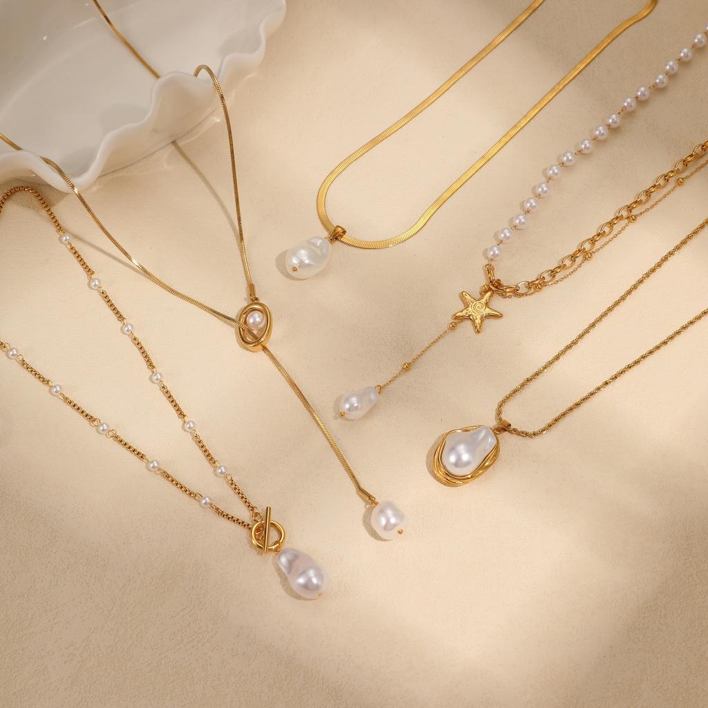 GEMCHIC Women's Baroque Pearl Stainless Steel Necklace Fashion Geometric Design