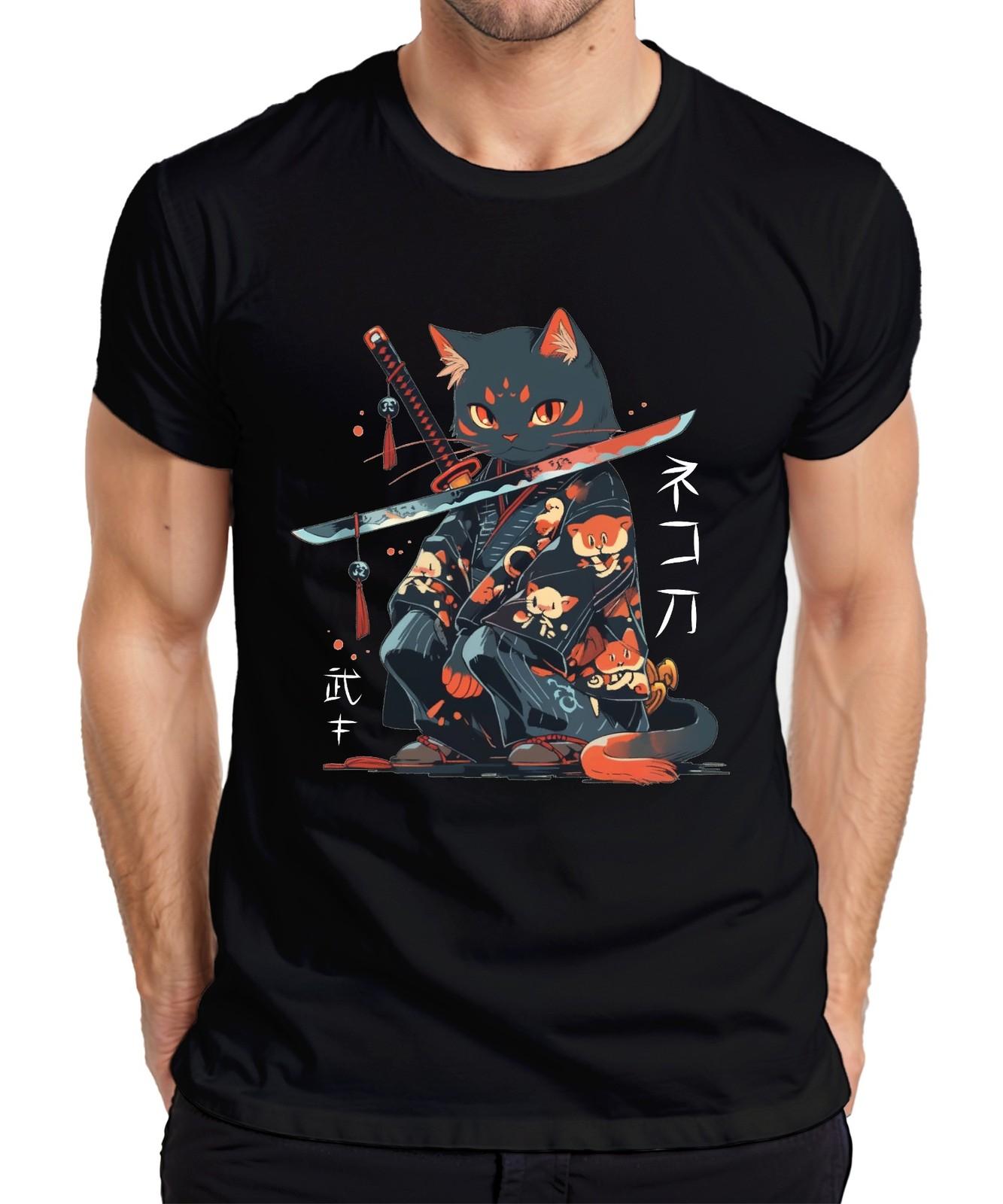 Samurai Cat Katana Kimono Kawaii Neko Japanese Retro Manga Men s T-Shirt- S разноцветный