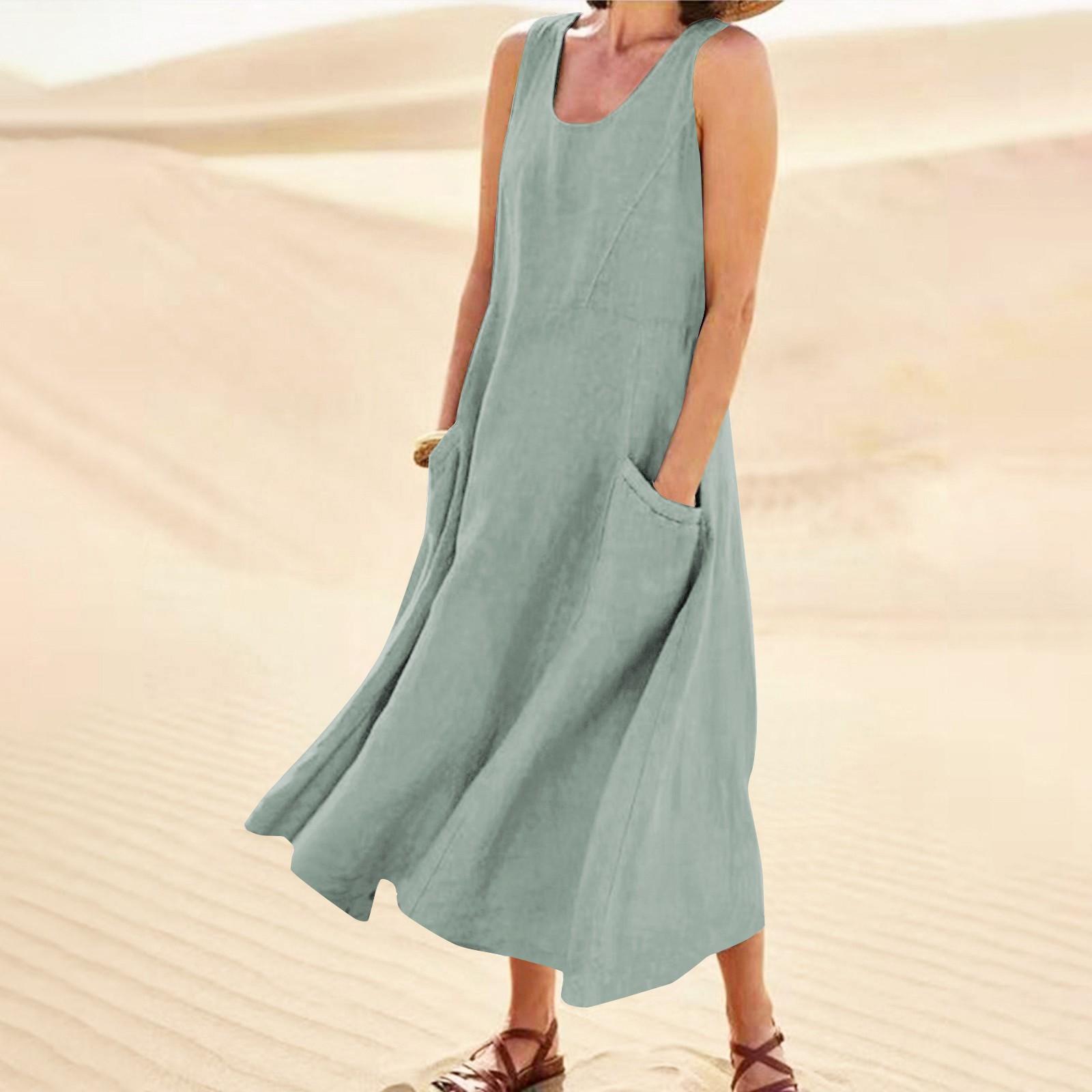 

Женское модное повседневное однотонное хлопковое льняное платье без рукавов с карманами XXXXL
