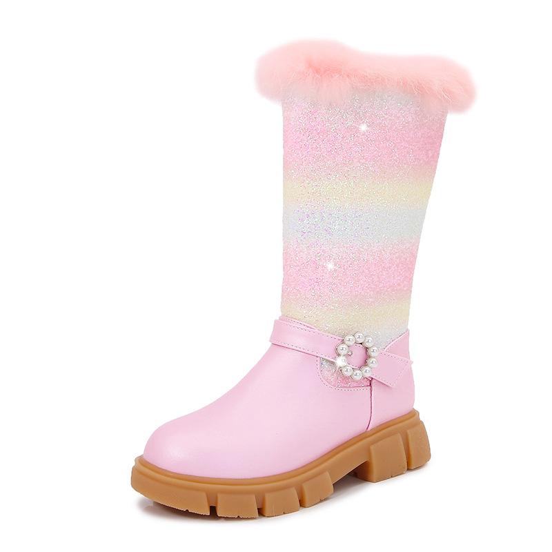2025 New Autumn Winter Girls Rainbow Princess Fashion Children Pink Boots Knee Length Boots Plush Fur Girls Shoes