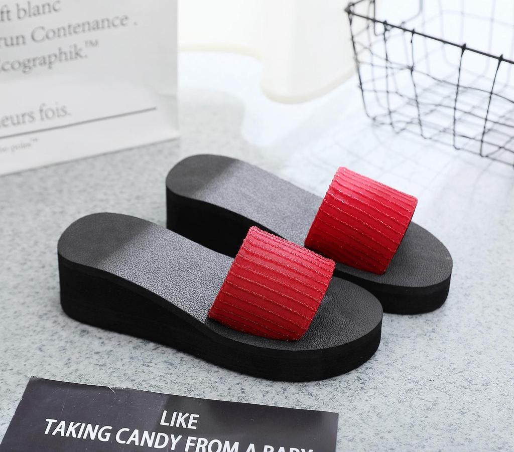 2019 Korean Platform Sandals: Stylish One-Strap, Solid Color, Versatile Home Slippers