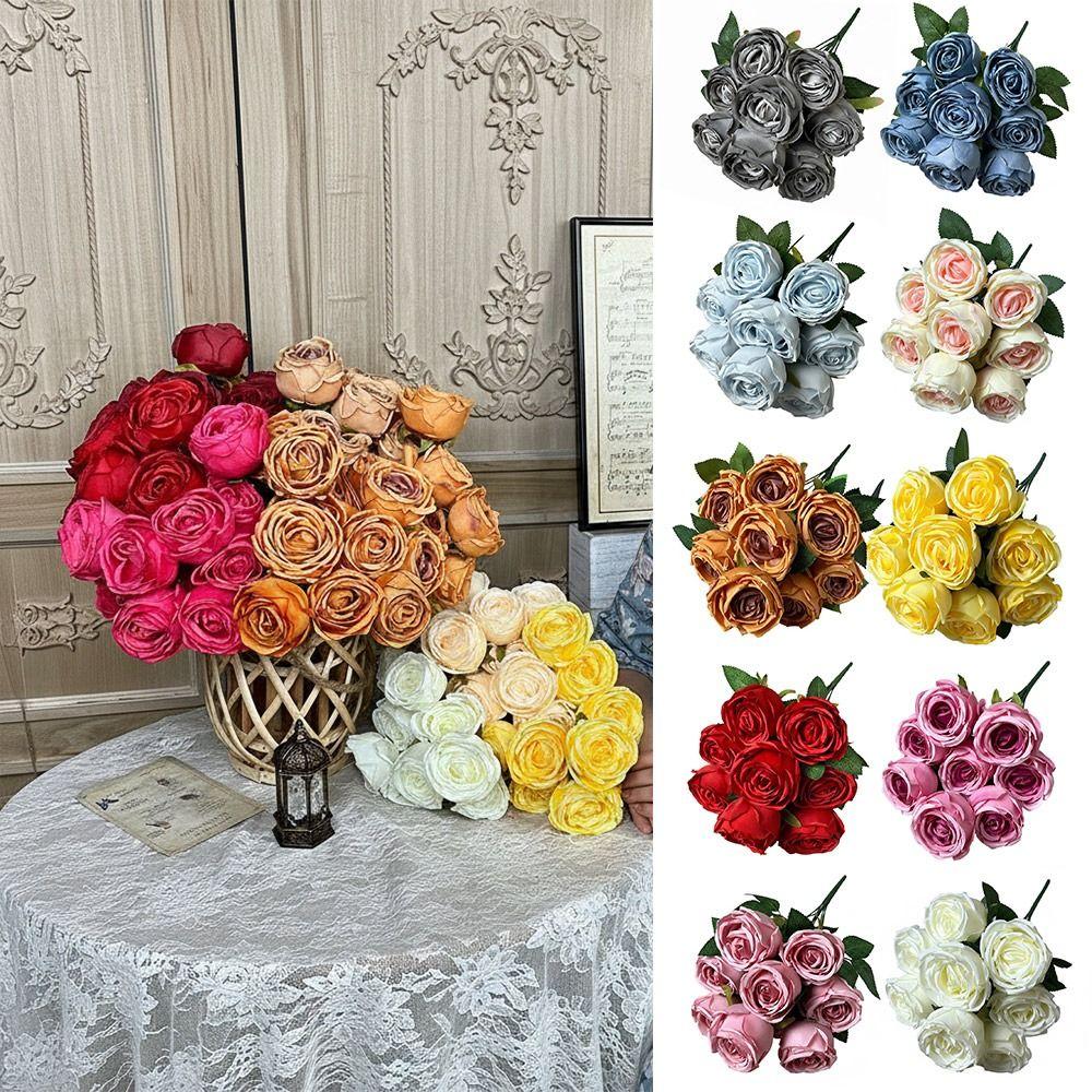 9 Heads Rose Artificial Flowers Multicolor Green Leaves Simulation Flower Rose Silk Petals Scene Landscaping Faux Rose Flower