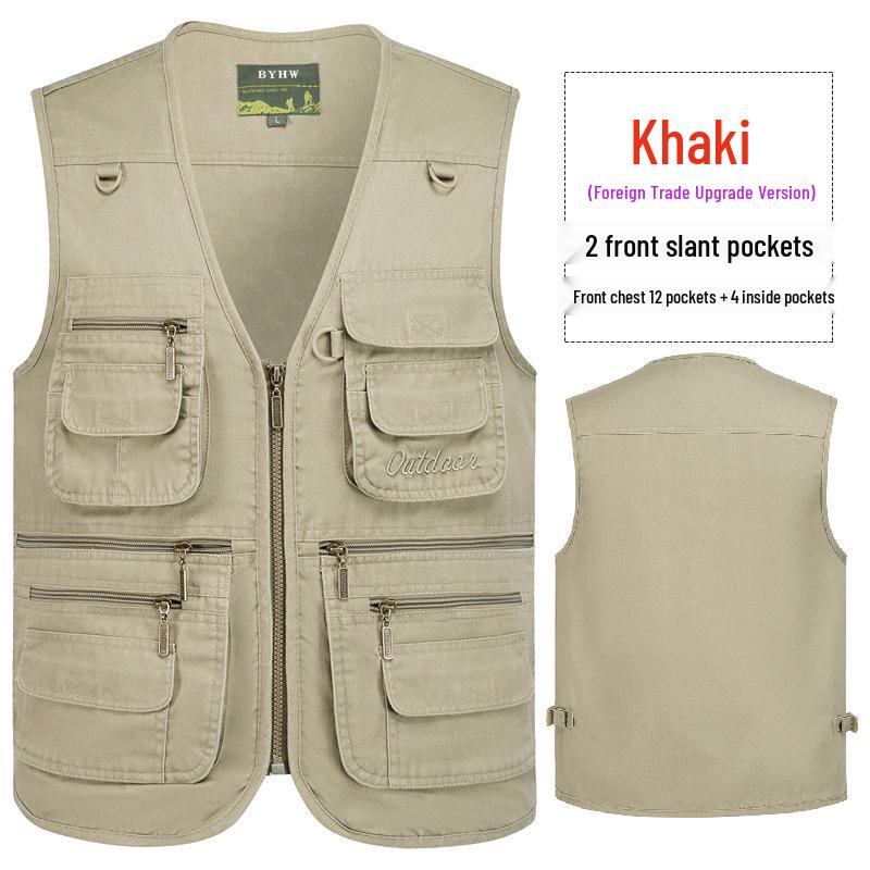 Men's Army Green Multi-Pocket Cotton Tank Top, Plus Size 10XL, Spring/Autumn Wear