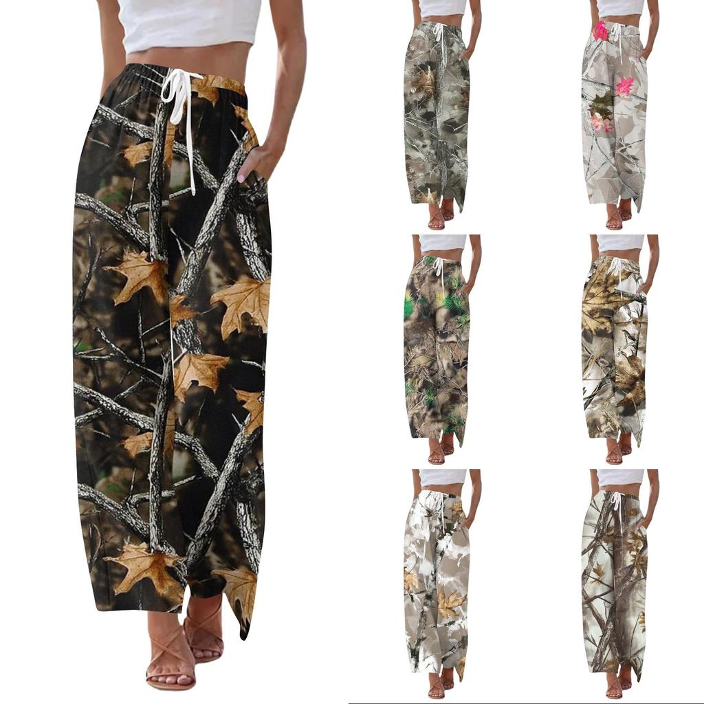 Damen Casual Bedruckte Weite Beine Kordelzug Tasche Strand Lässige Hose