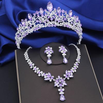 Paarse Kristal Bruids Sieraden Sets Dames Tiara's Bruid Ketting Oorbellen voor Bruiloft Kroon Sieraden Set Prom