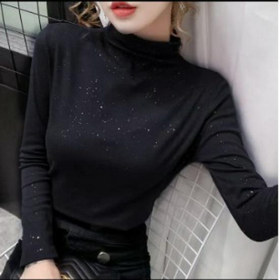 Velvet Sequin Women's Semi-High Neck Slimming Winter Base Layer T-Shirt - Plus Size Available