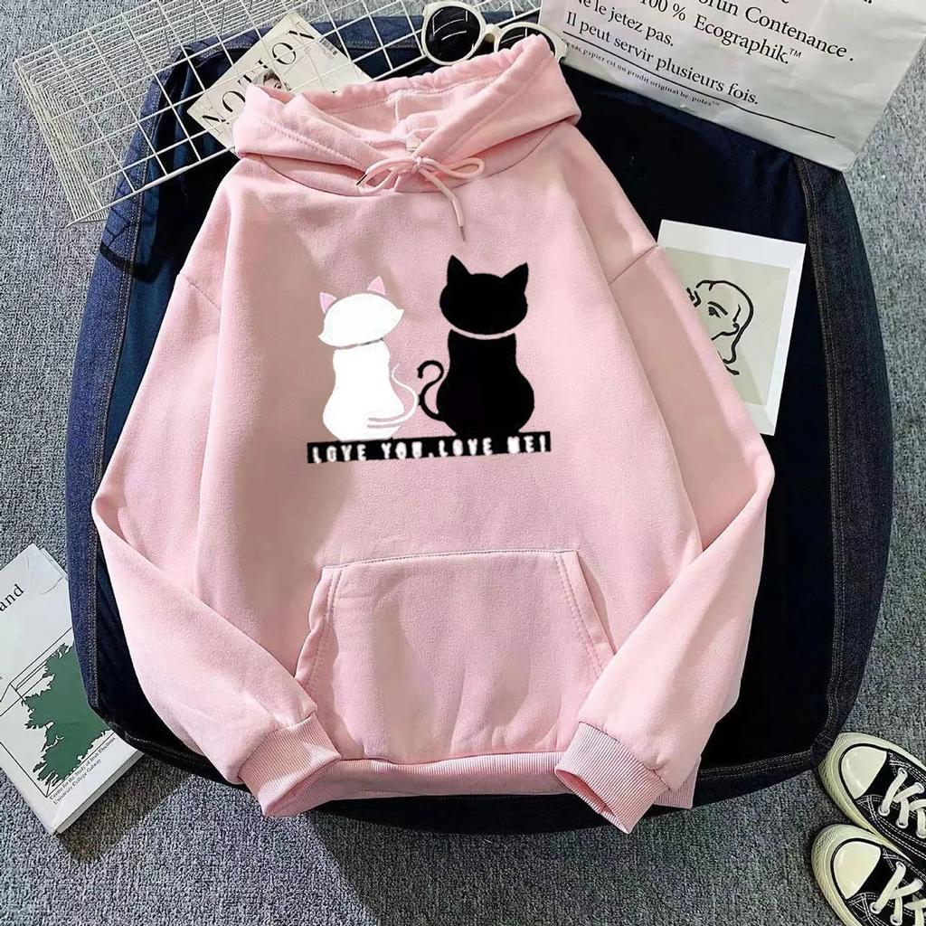 Women's Fleece Lined Hoodie Casual Cartoon Cat Print Oversize Loose Fit Autumn Winter Top Fashion Comfortable Streetwear
