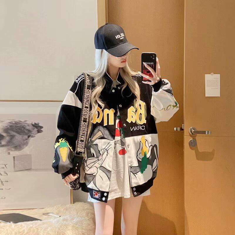 Unisex Cartoon Embroidered Baseball Jacket - Trendy Hip-Hop Style for Spring and Autumn