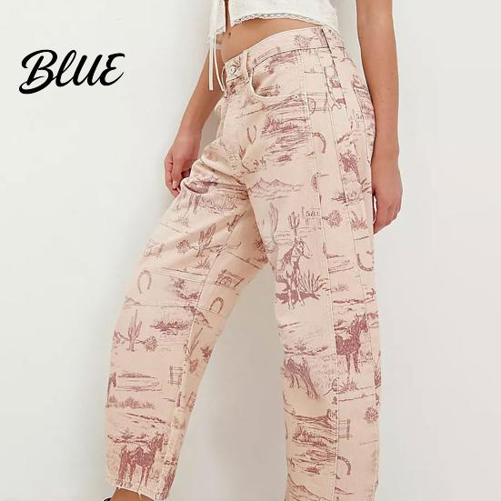 Wide-leg Denim Pants for Women Barrel Jeans Floral Print Boyfriend Baggy Casual Mid Rise Wide Leg Ankle