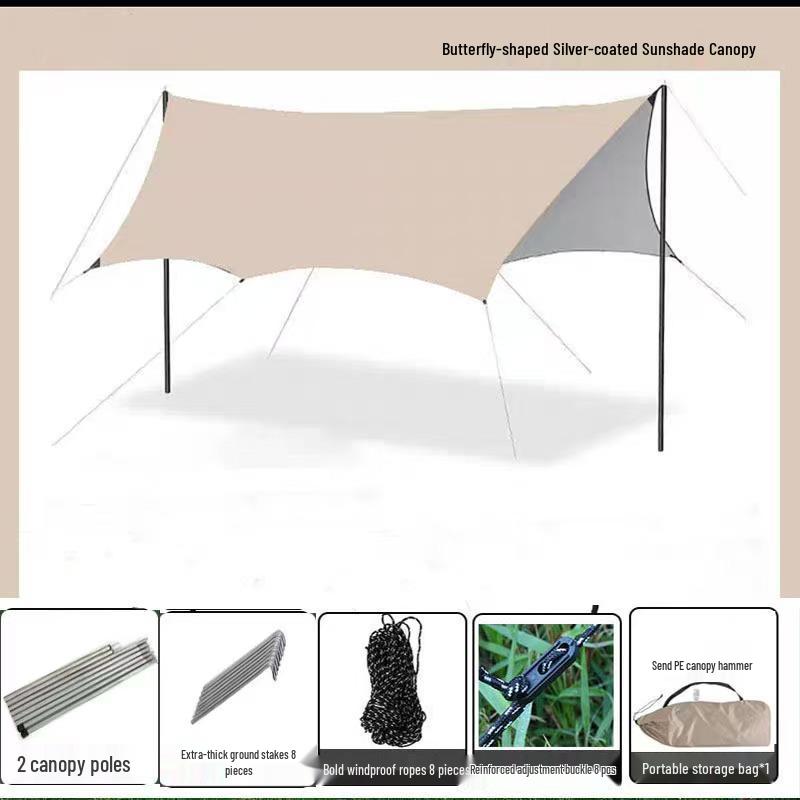 Butterfly-Shaped Sun Protection Camping Tarp Tent with Black Glue Coating - Full Set for Outdoor Picnics