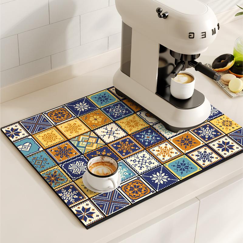 Coffee Maker Mat Retro Dish Drying Mats for Kitchen Non-slip Draining Pad Quick Dry Tableware Placemat Dinnerware Washable