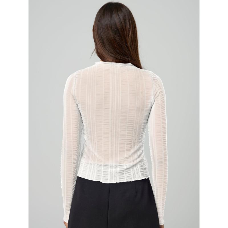 Dámský sexy top s průstřihy, kulatým výstřihem, jednobarevný, průsvitný, s dlouhým rukávem