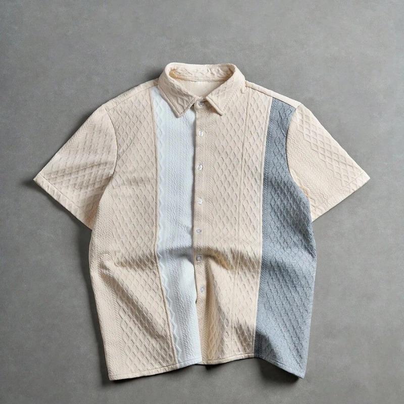 Men Loose Textured Turn Down Collar Short Sleeve Sport Summer Shirt S