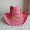 Melesh Western Cowboy Hat Summer Women's Straw Cowboy Hat Pearl Accessories Wide Brim Sun Protection Beach Western Cowboy Hat