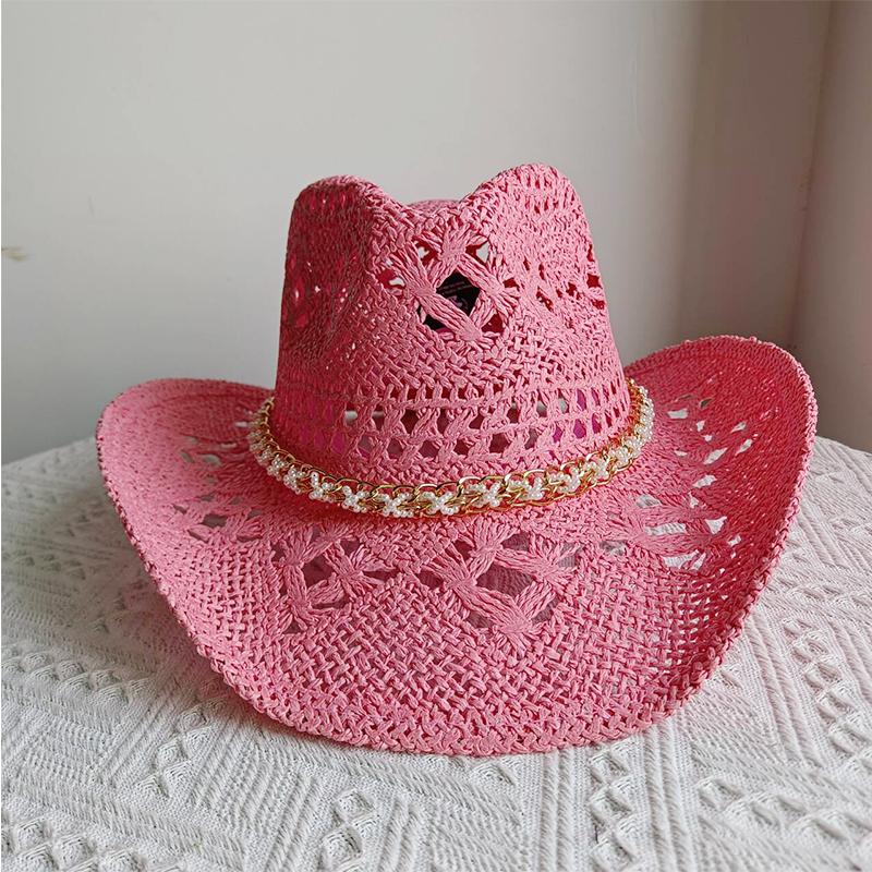 Melesh Western Cowboy Hat Summer Women's Straw Cowboy Hat Pearl Accessories Wide Brim Sun Protection Beach Western Cowboy Hat
