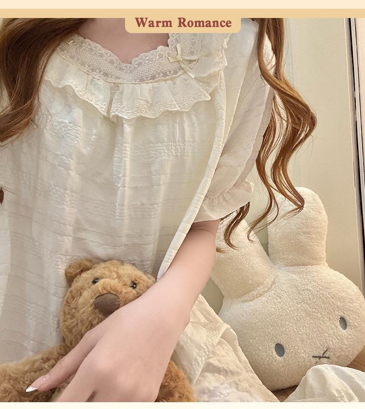 Women's Summer 2026 Cloud Cotton Nightgown with Bra Pads, Lace Trim, Short Sleeves, Long Length