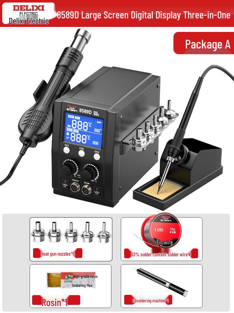 Delixi Electric 2-in-1 Soldering and Desoldering Station with Hot Air Gun and Worktable