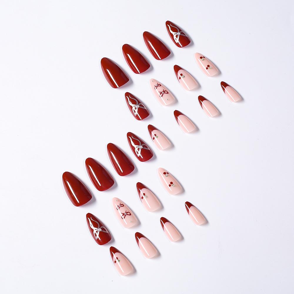 24Pcs Medium Almond Medium Almond Press on Nails Glossy Red Cherry Bow Design False Nails Cute Acrylic French Y2K Manicure Deco