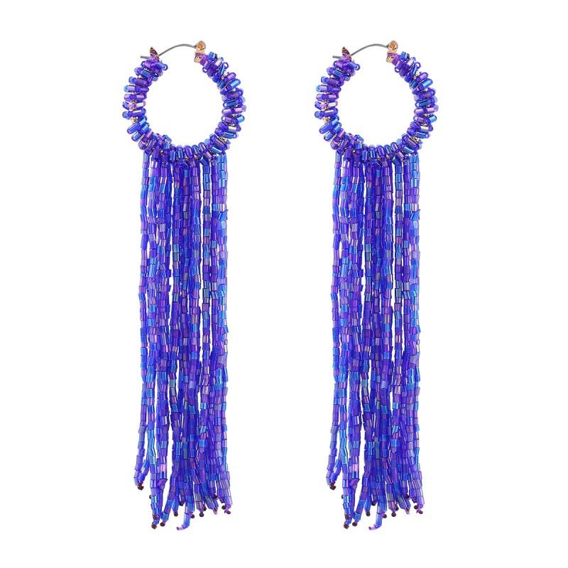 Boho Chic Long Tassel Earrings Women Handwoven Glass Tube Pendant With Geometric Design Yellow Blue